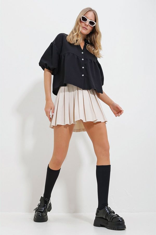 Trend Alaçatı Stili Trend Alaçatı Stili Women's Black Balloon Sleeve Robe Gathered Kubra Cotton Crop Shirt