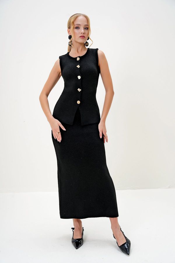 Trend Alaçatı Stili Trend Alaçatı Stili Women's Black Gold Button Detailed Long Knit Vest and Skirt Set