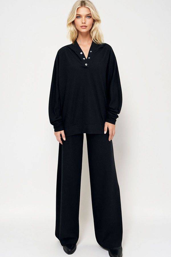 Trend Alaçatı Stili Trend Alaçatı Stili Women's Black Hooded Snap Fastener Oversize Sweatshirt and Pants Bottom Top Suit