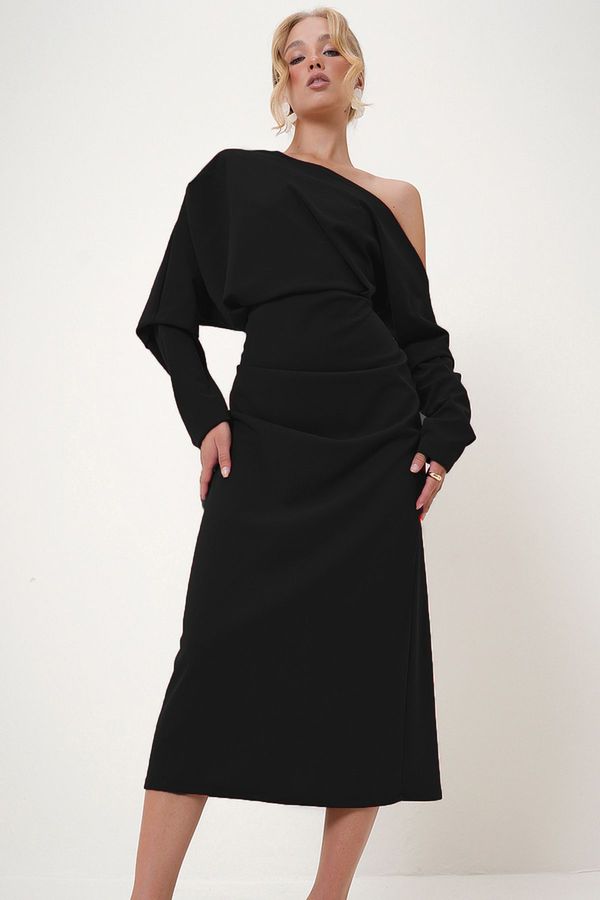 Trend Alaçatı Stili Trend Alaçatı Stili Women's Black Off-The-Shoulder Draped Maxi Length Knitted Dress