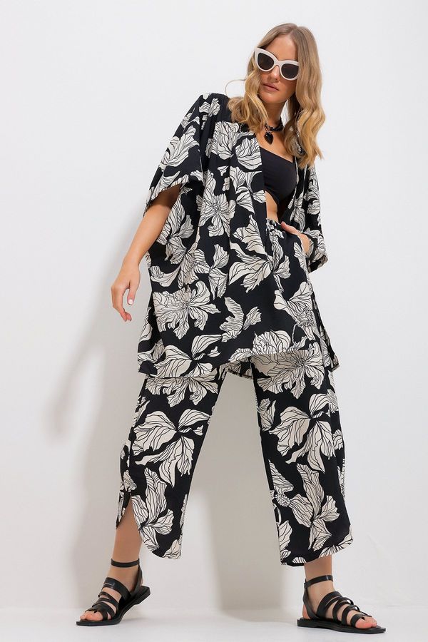 Trend Alaçatı Stili Trend Alaçatı Stili Women's Black Palazzo Pants And Patterned Woven Viscose Kimono Suit