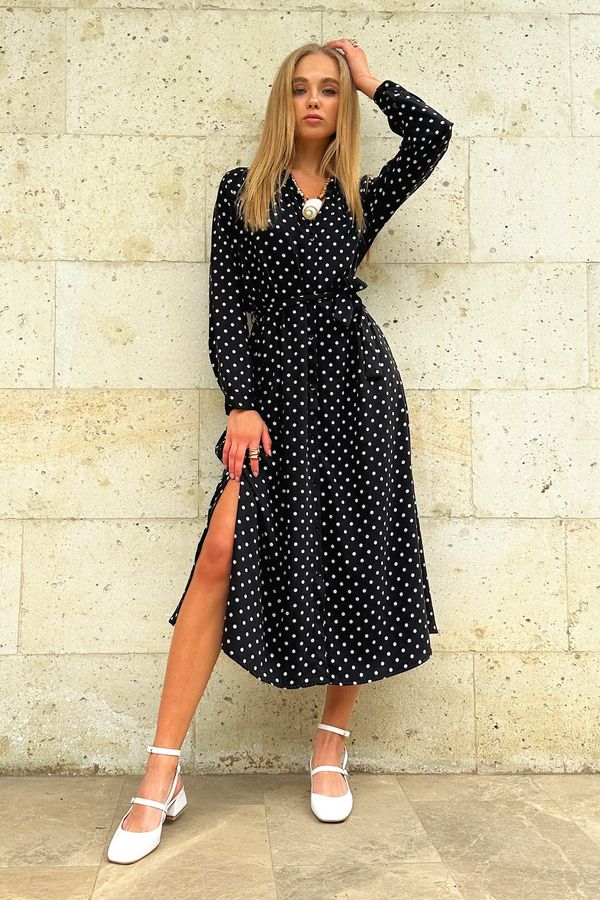 Trend Alaçatı Stili Trend Alaçatı Stili Women's Black Polka Dot Patterned Woven Viscon Shirt Dress