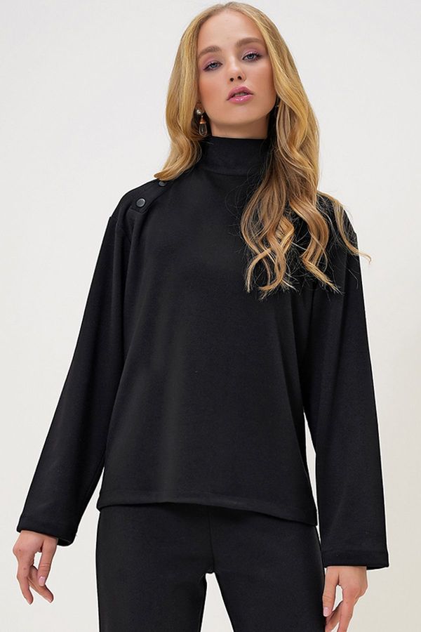 Trend Alaçatı Stili Trend Alaçatı Stili Women's Black Stand Collar Shoulder Snap 2 Yarn Blouse