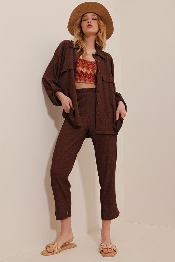 Trend Alaçatı Stili Trend Alaçatı Stili Women's Brown Polo Collar Double Seekers Suit