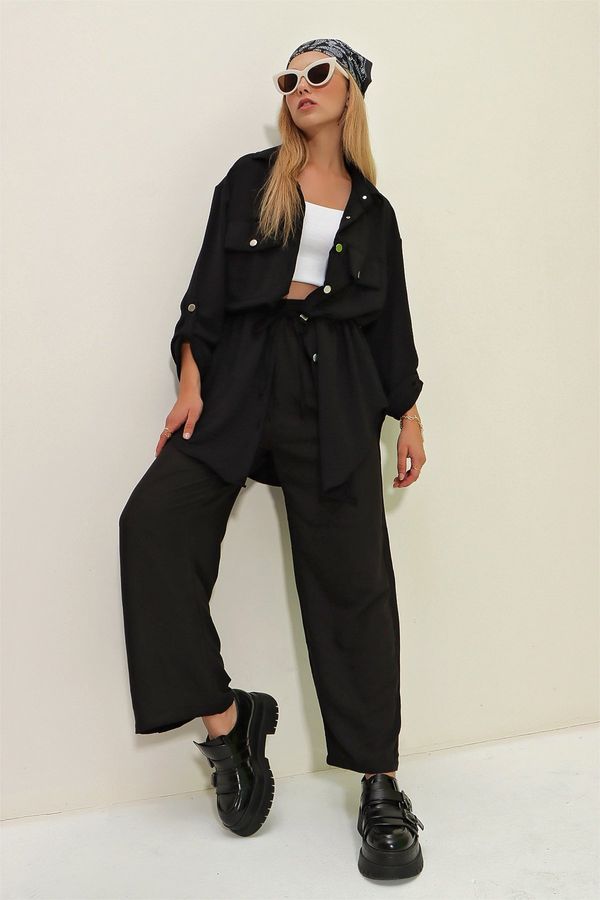Trend Alaçatı Stili Trend Alaçatı Stili Women's Dark Black Safari Jacket with Two Pockets, Elastic Waist Wide Leg Aerobin Pants Suit