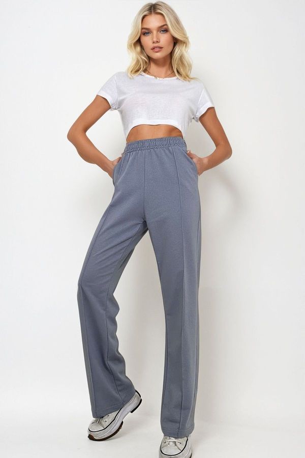 Trend Alaçatı Stili Trend Alaçatı Stili Women's Dyed Grey High Waist Front Grass Wide Leg Double Pocket Sweatpants