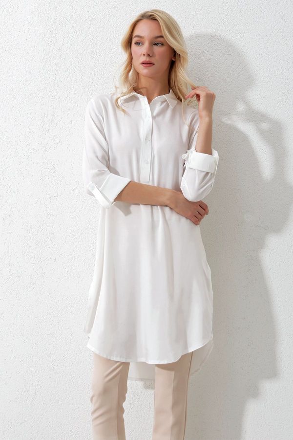 Trend Alaçatı Stili Trend Alaçatı Stili Women's Ecru Shirt Collar Half Pop Long Woven Tunic