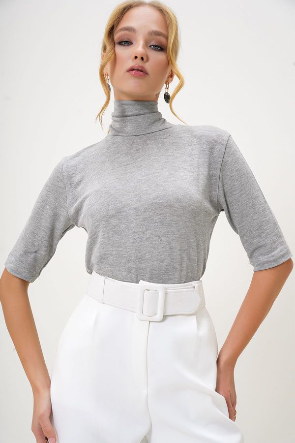 Trend Alaçatı Stili Trend Alaçatı Stili Women's Gray Turtleneck Half Sleeve Knitwear Blouse