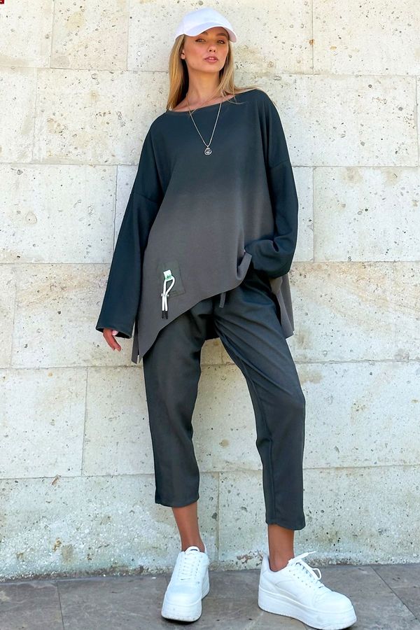 Trend Alaçatı Stili Trend Alaçatı Stili Women's Khaki Crew Neck Embroidered Sweat and Trousers Set