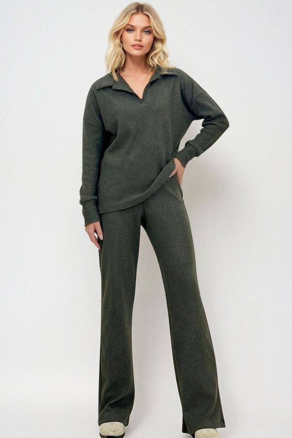 Trend Alaçatı Stili Trend Alaçatı Stili Women's Khaki Polo Neck Top and Palazzo Pants Knitwear Bottom Top Set