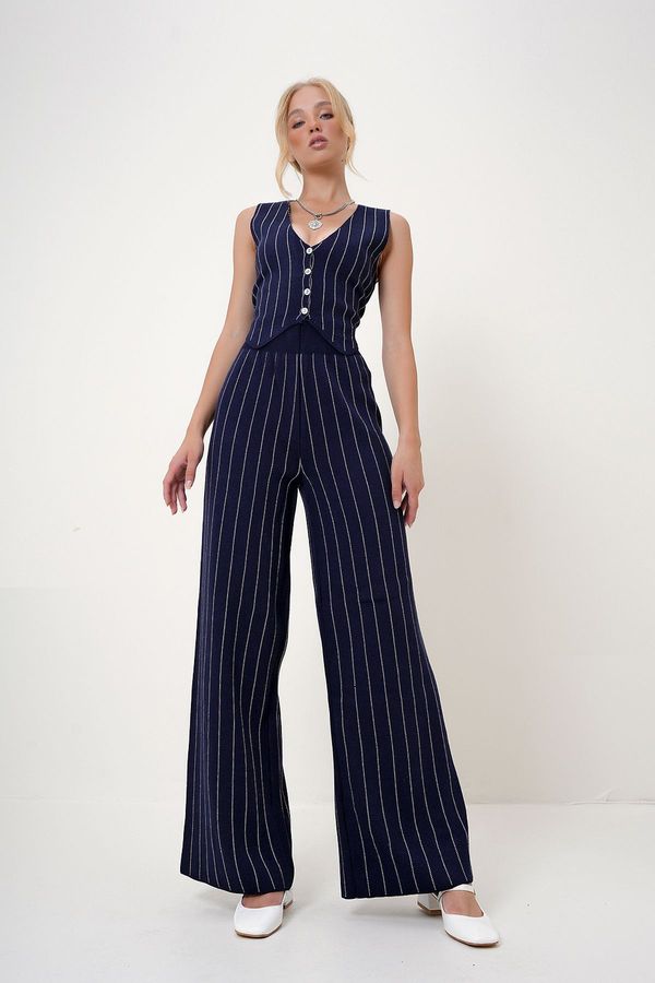 Trend Alaçatı Stili Trend Alaçatı Stili Women's Navy Blue V-Neck Buttoned Vest and Elastic Waistband Trousers Striped Knitwear Two Piece Set