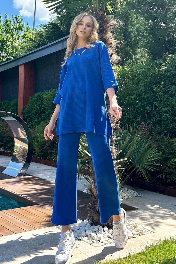 Trend Alaçatı Stili Trend Alaçatı Stili Women's Parliament Blue Slit Boyfriend T-Shirt And Trousers Interlock Set