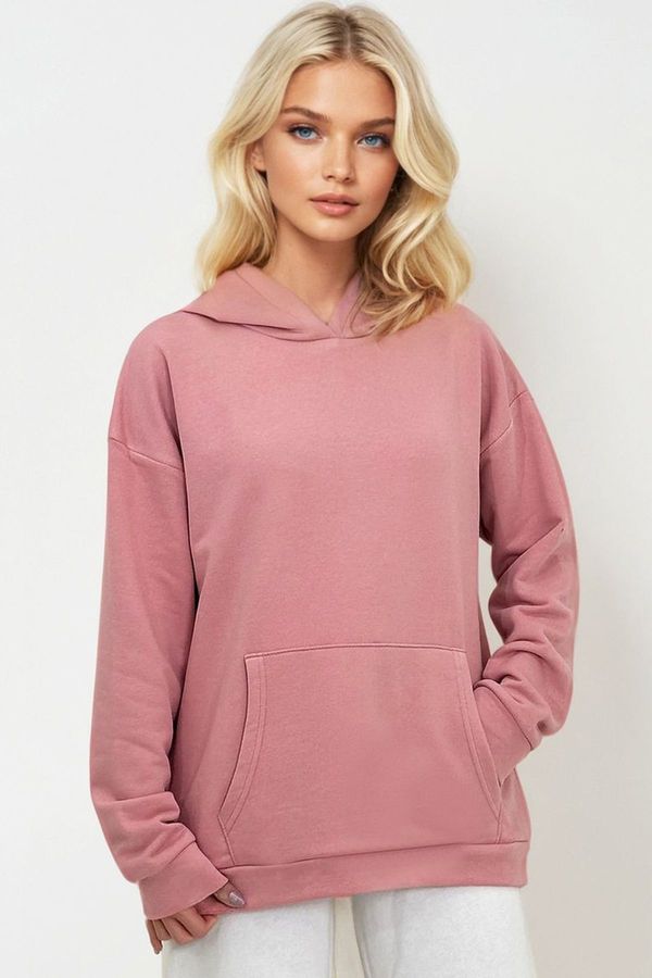 Trend Alaçatı Stili Trend Alaçatı Stili Women's Pink Hooded Kangaroo Pocket 3 Thread Thick Sweatshirt