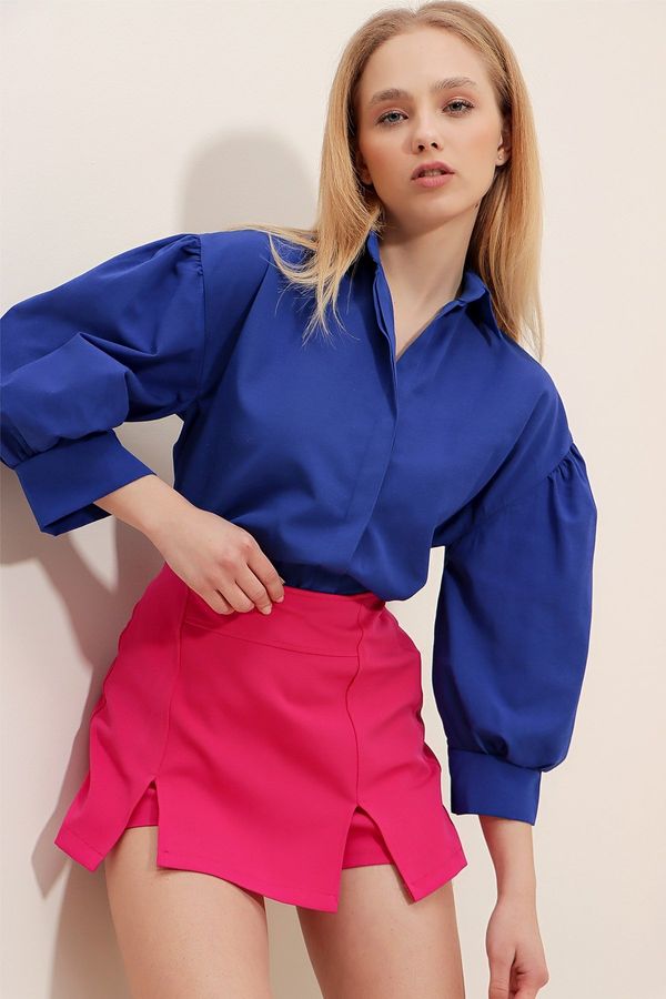 Trend Alaçatı Stili Trend Alaçatı Stili Women's Sax Balloon Sleeve Basic Poplin Shirt with Concealed Pop-up