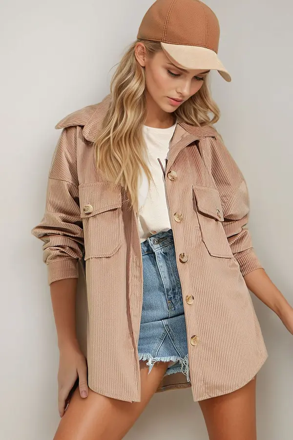 Trend Alaçatı Stili Trend Alaçatı Stili Women's Stone Velvet Cotton Double Pocket Oversize Jacket Shirt