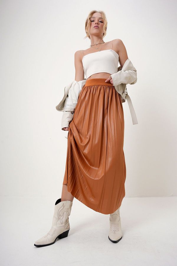 Trend Alaçatı Stili Trend Alaçatı Stili Women's Tan Elastic Waist Pleated Skirt