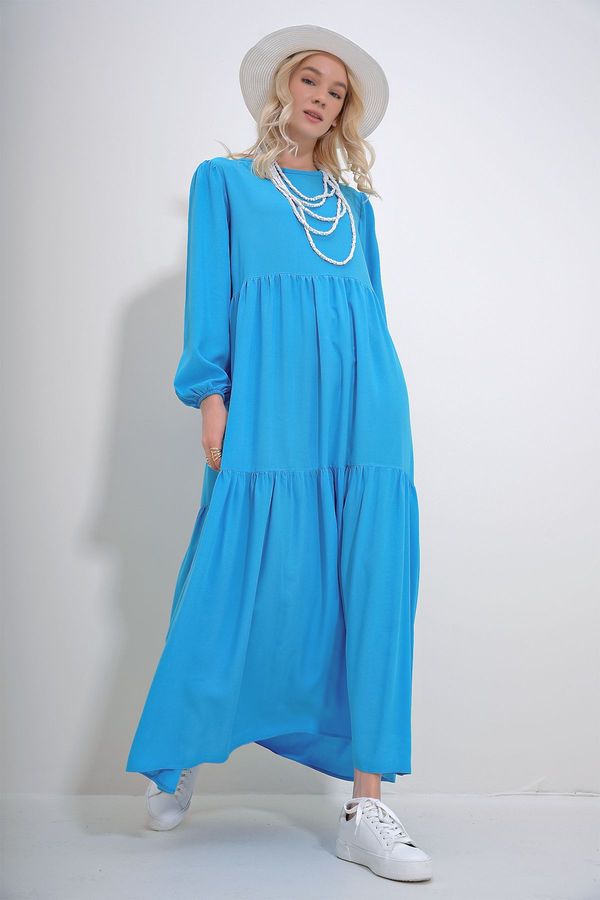 Trend Alaçatı Stili Trend Alaçatı Stili Women's Turquoise Boat Neck Balloon Sleeve Flounced Belted Viscose Dress
