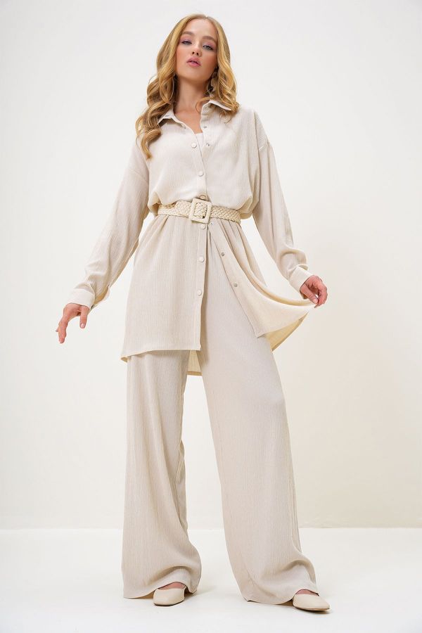Trend Alaçatı Stili Trend Alaçatı Stili Women's Vanilla Shirt Collar Button Front Crepe Shirt and Trouser Set