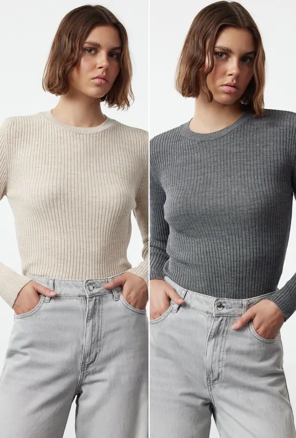 Trendyol Trendyol Anthracite-Beige Double Pack Knitwear Sweater