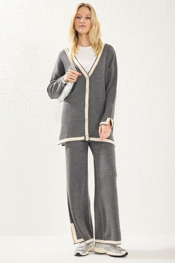 Trendyol Trendyol Anthracite Color Block Knitted Cardigan Trousers Top-Bottom Set