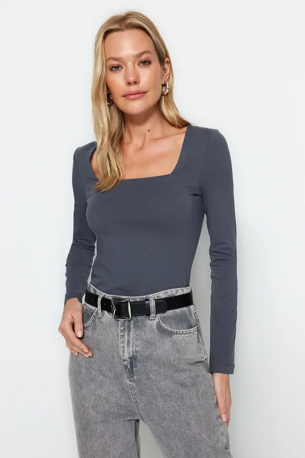 Trendyol Trendyol Anthracite Cotton Square Neck Regular Fit Knitted Blouse