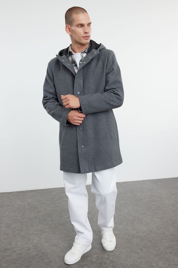 Trendyol Trendyol Anthracite Men's Winter Wool Blend Hooded Stamp Winter Coat