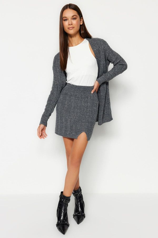 Trendyol Trendyol Anthracite Silvery Skirt- Cardigan Knitwear Two Piece Set