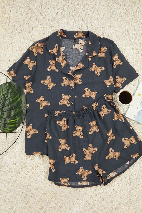 Trendyol Trendyol Anthracite Teddy Bear Patterned Viscose Woven Pajama Set