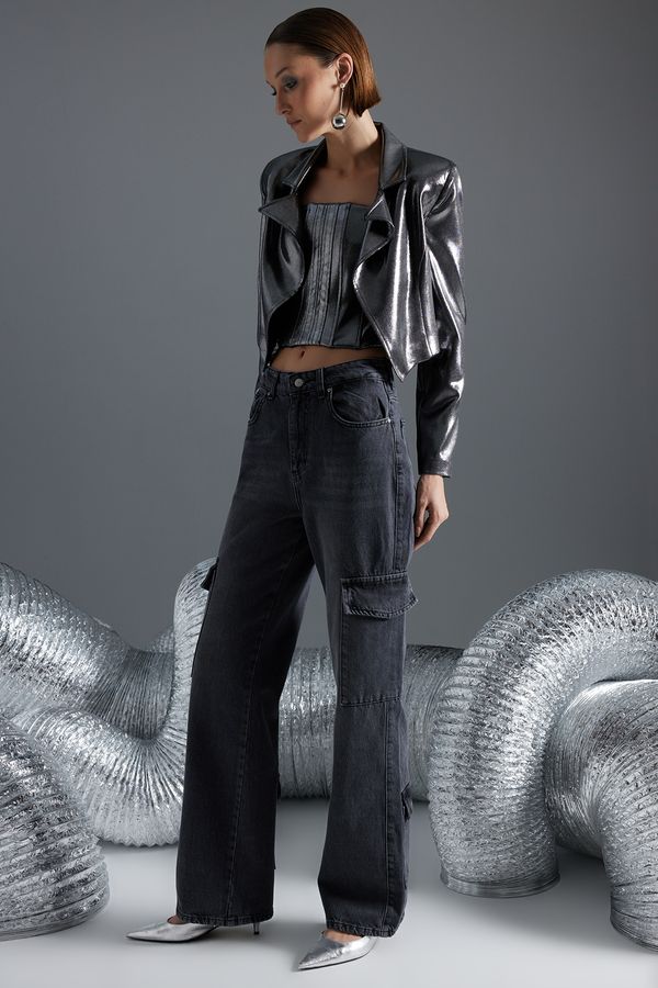 Trendyol Trendyol antracit traperice širokih nogavica visokog struka s džepom za teret