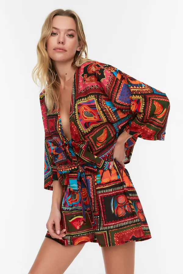 Trendyol Trendyol Beach Wear Tropical Patterned Woven 100% Cotton Shirt Shorts Set