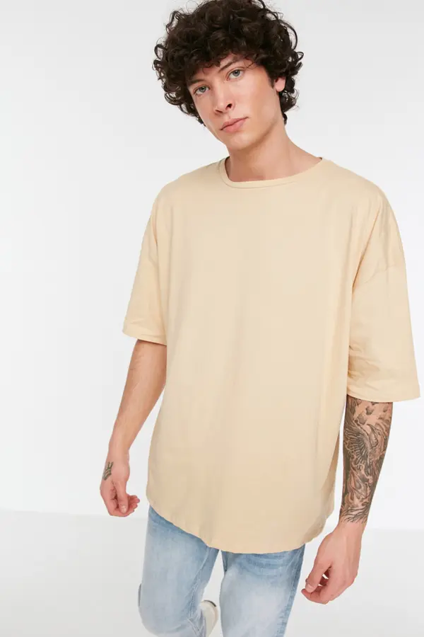 Trendyol Trendyol Beige Basic 100% Cotton Crew Neck Oversize/Wide Cut Short Sleeve T-Shirt