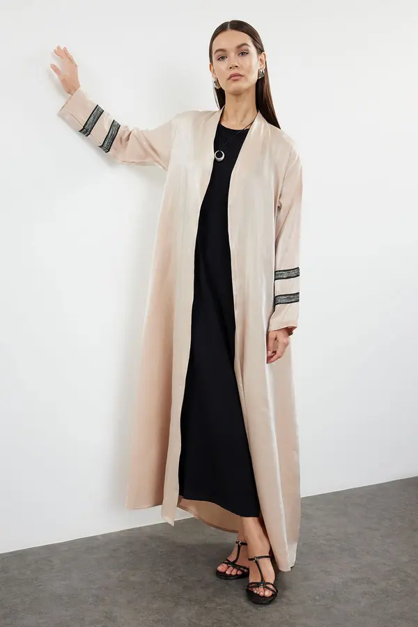 Trendyol Trendyol Beige Embroidered Shiny Long Woven Cap & Abaya & Abaya