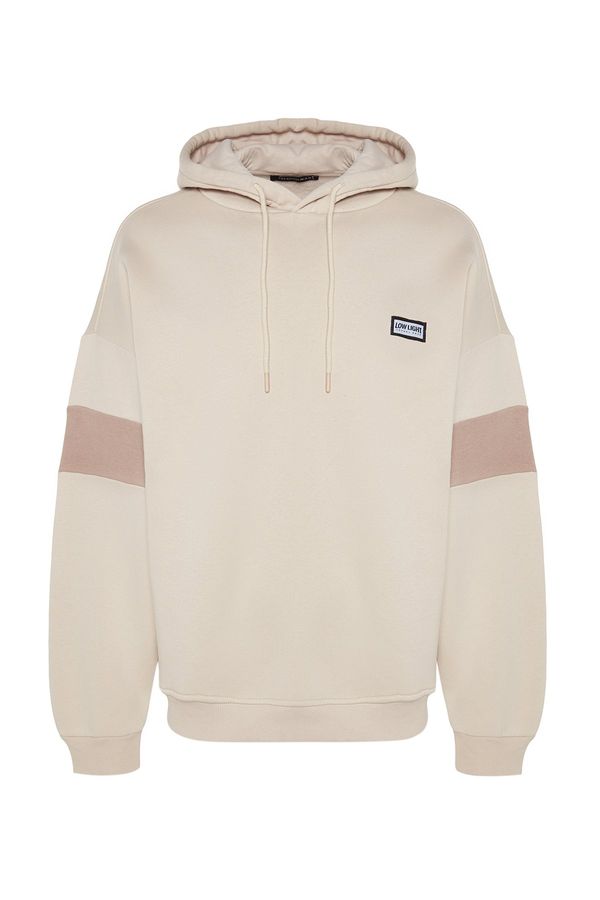Trendyol Trendyol Beige Oversize/Wide-Fit Label Detail Color Block Fleece Inside Sweatshirt