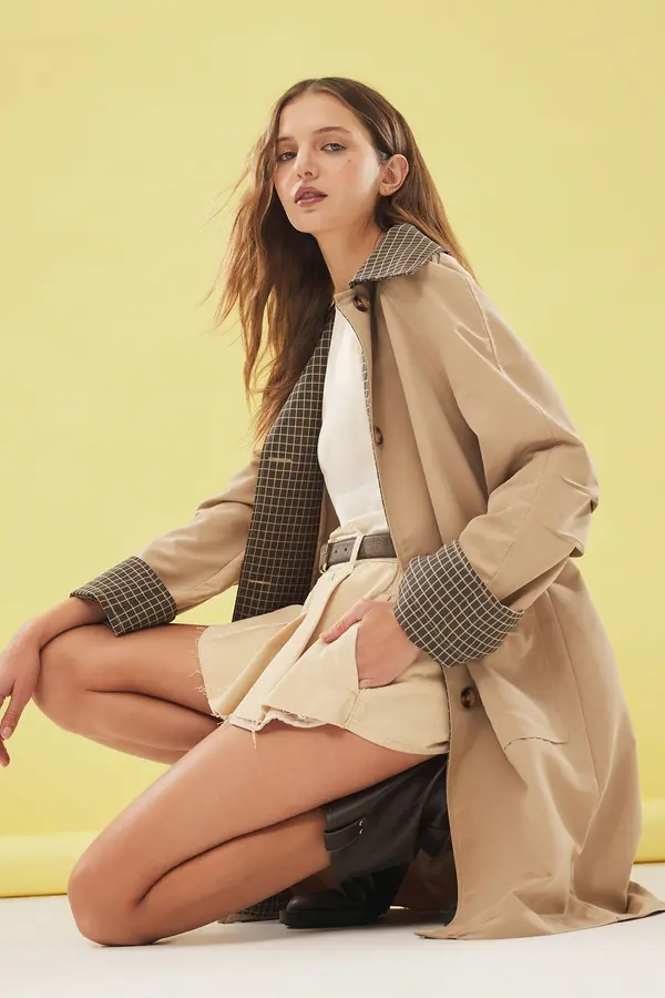 Trendyol Trendyol Beige Plaid Lined Regular Midi Trench Coat