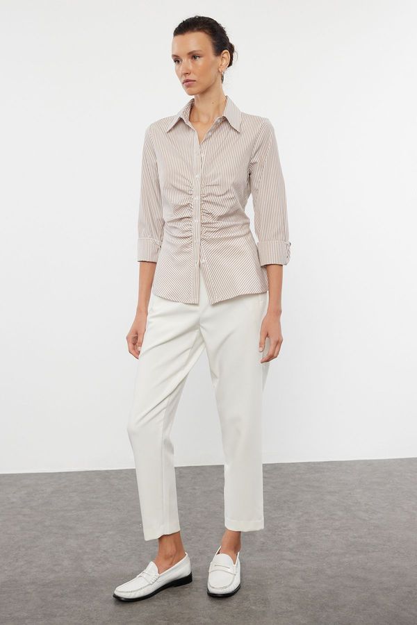 Trendyol Trendyol Beige Striped Gather Detailed Fitted Waist Shirt