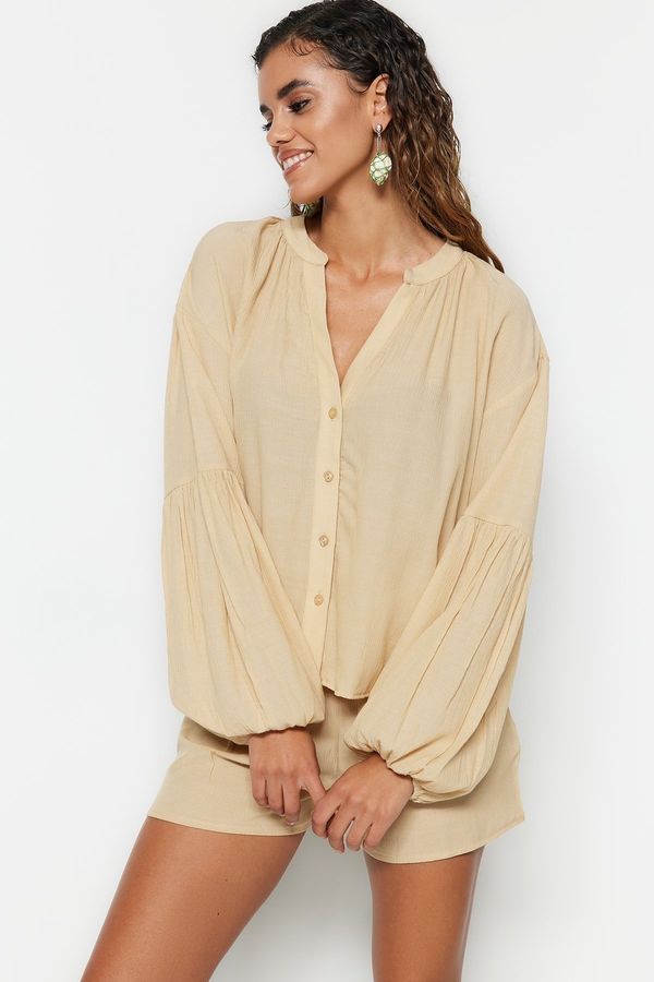 Trendyol Trendyol Beige Woven 100% Cotton Shirt Shorts Suit