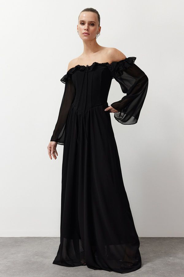 Trendyol Trendyol Black A-Line Woven Chiffon Long Elegant Evening Dress