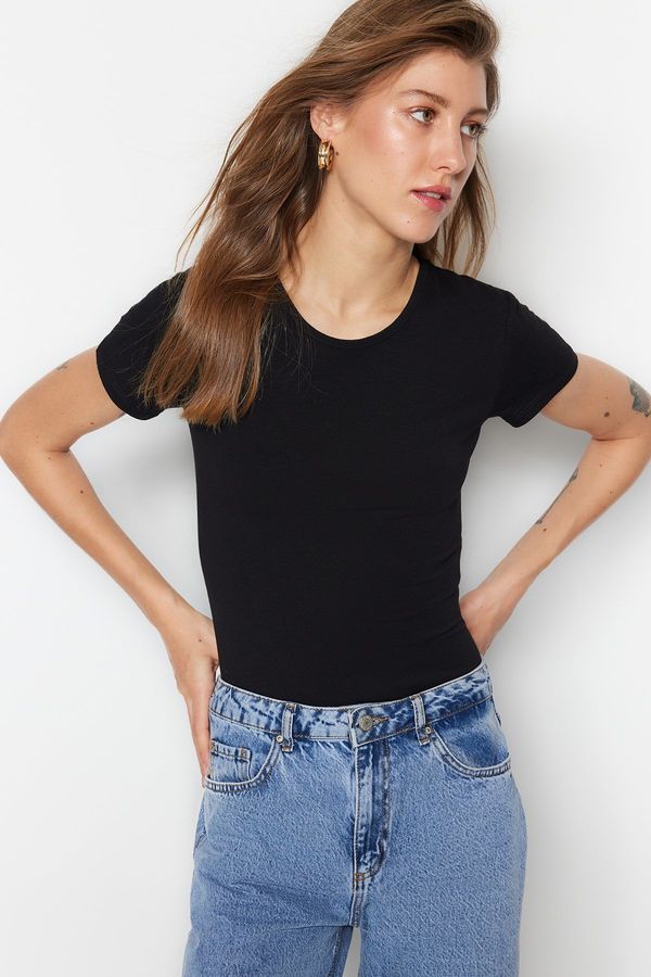 Trendyol Trendyol Black Basic Crew Neck Cotton Flexible Snap Snap Knitted Body