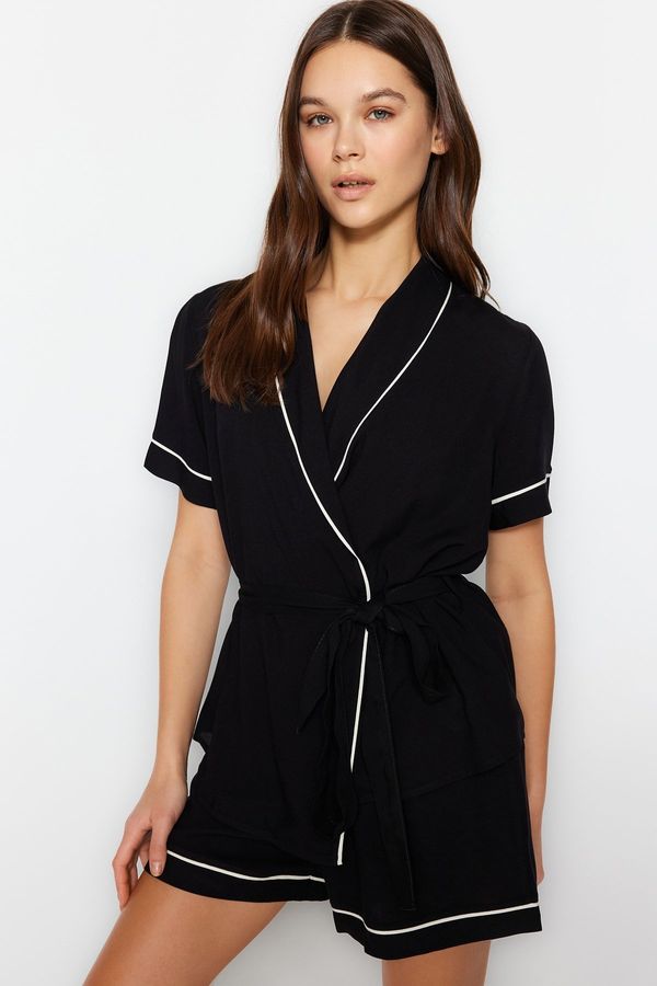 Trendyol Trendyol Black Belted Piping Detailed Shirt-Shorts Woven Pajamas Set