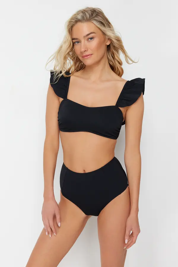 Trendyol Trendyol Black Bralette Frilly Textured High Waist Hipster Bikini Set