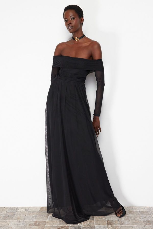 Trendyol Trendyol Black Carmen Collar Tulle Long Evening Dress