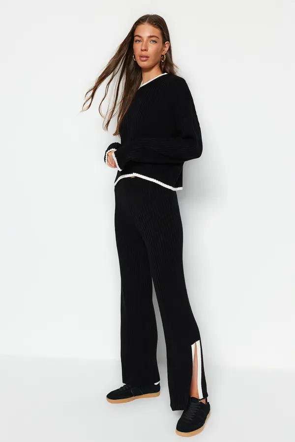 Trendyol Trendyol Black Crop Ribbed Color Block Knitwear Bottom-Top Set