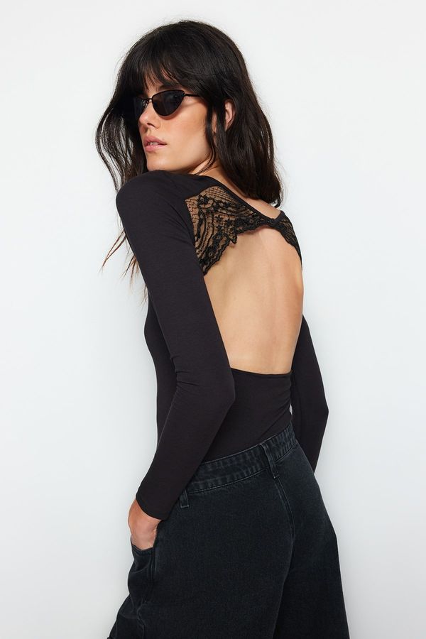 Trendyol Trendyol Black Decollete Lace Detailed Long Sleeve Cotton Elastic Snap Snap Knitted Body