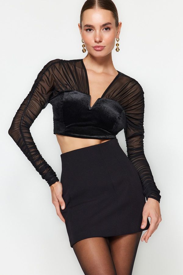 Trendyol Trendyol Black Draped Velvet Tulle Blouse
