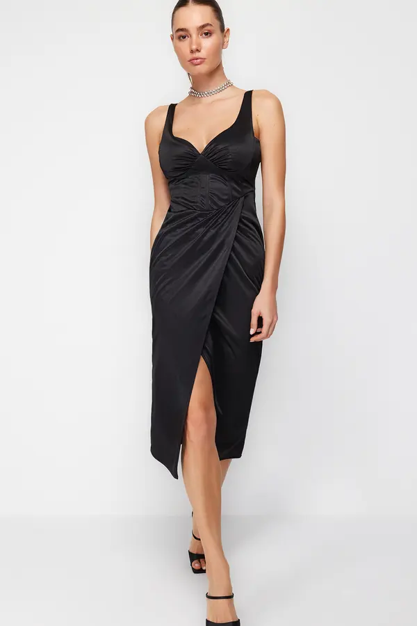 Trendyol Trendyol Black Draped Wrap Knitted Satin Dress