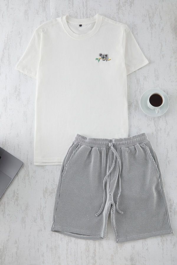 Trendyol Trendyol Black Ecru Regular Fit Koala Embroidered Striped Knitted Pajama Set