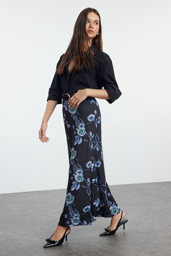 Trendyol Trendyol Black Floral Printed A Line/Bell Cut Flexible Maxi Skirt