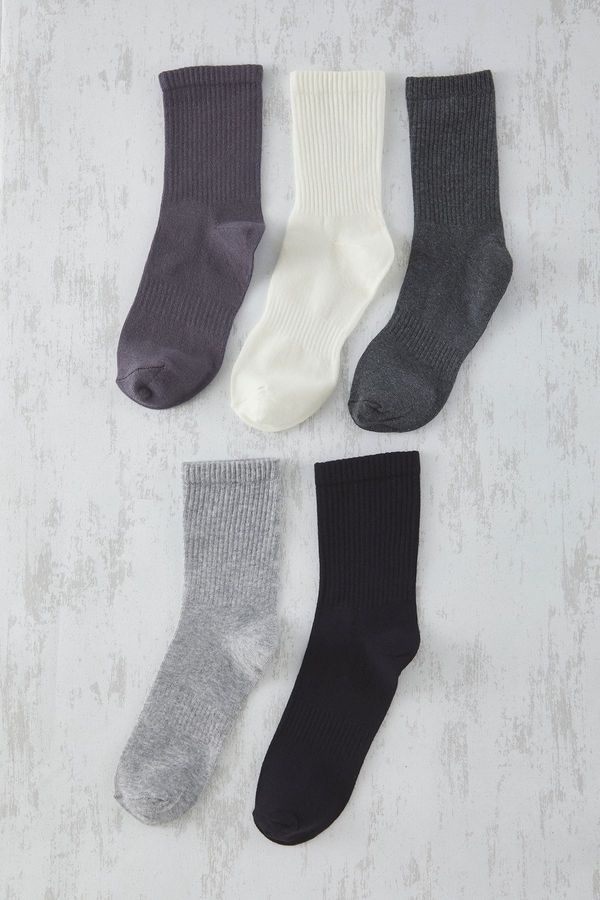 Trendyol Trendyol Black-Grey-Ecru Unisex 5 Pack Short Length College Summer Cotton Socks