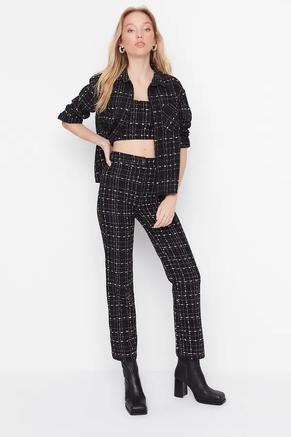 Trendyol Trendyol Black High Waist Cigareta Tweed Check tkane hlače