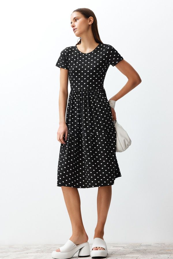 Trendyol Trendyol Black Printed Skater/Waist Open Elastic Knitted Midi Dress